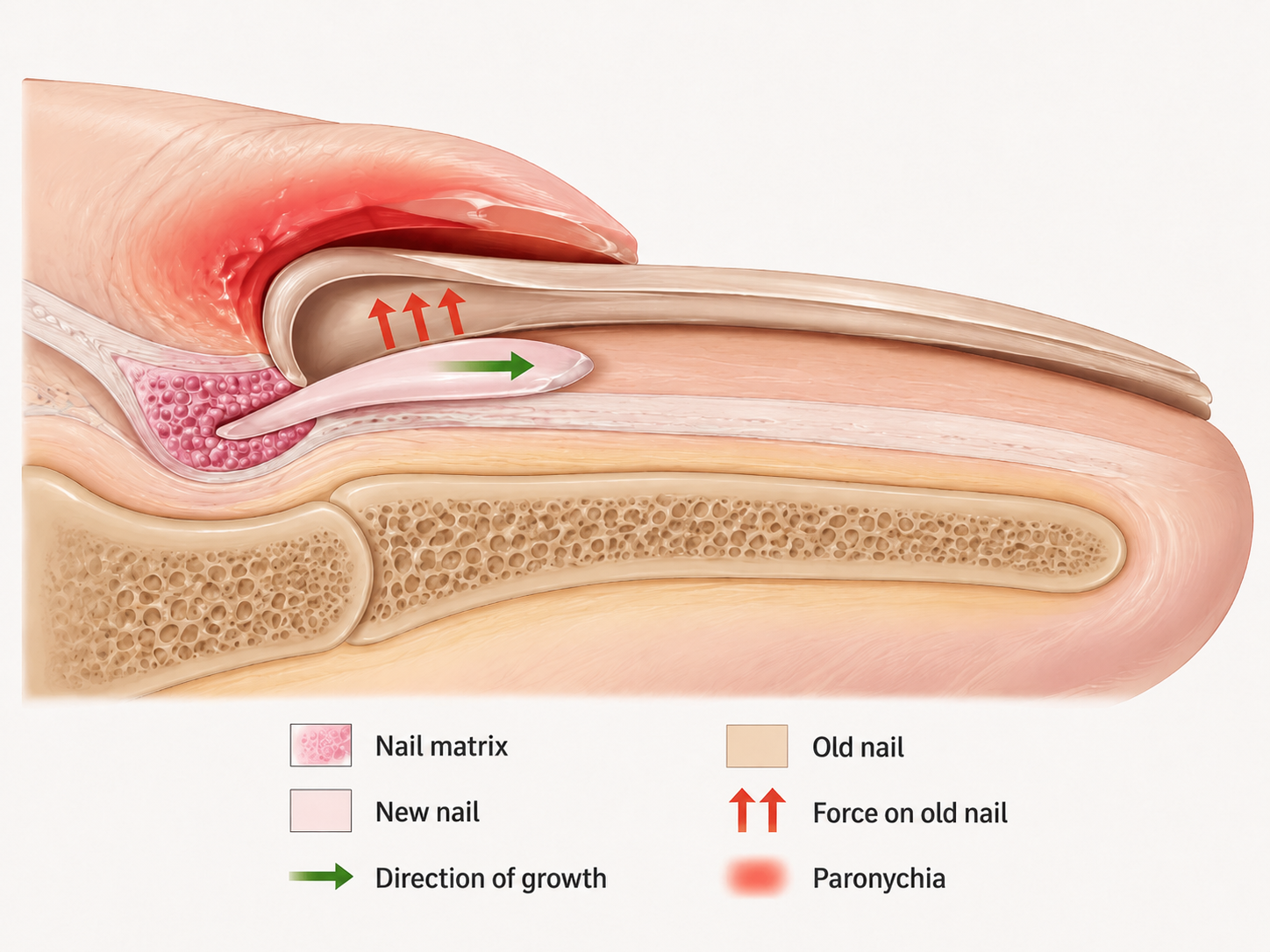 Anatomical illustration of retronychia showing a new nail growing and pushing an old nail upward, causing paronychia inflammation at the proximal nail fold