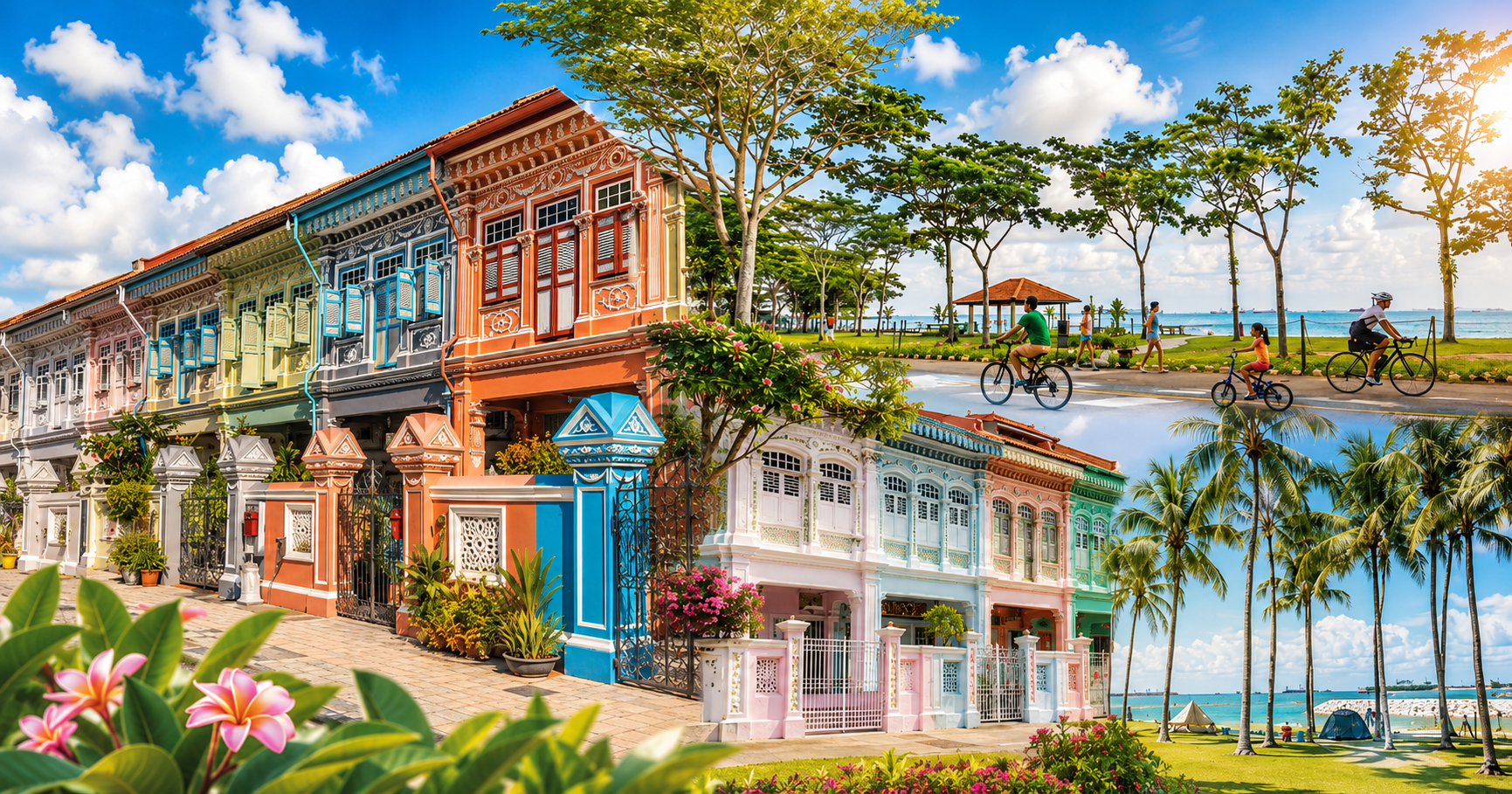 AI-generated image for Family Podiatry Centre’s Joo Chiat location page, featuring colourful Peranakan-style shophouses, heritage shoplot architecture, tropical flowers, East Coast Park cyclists, palm trees, blue sky and the Singapore seaside.
