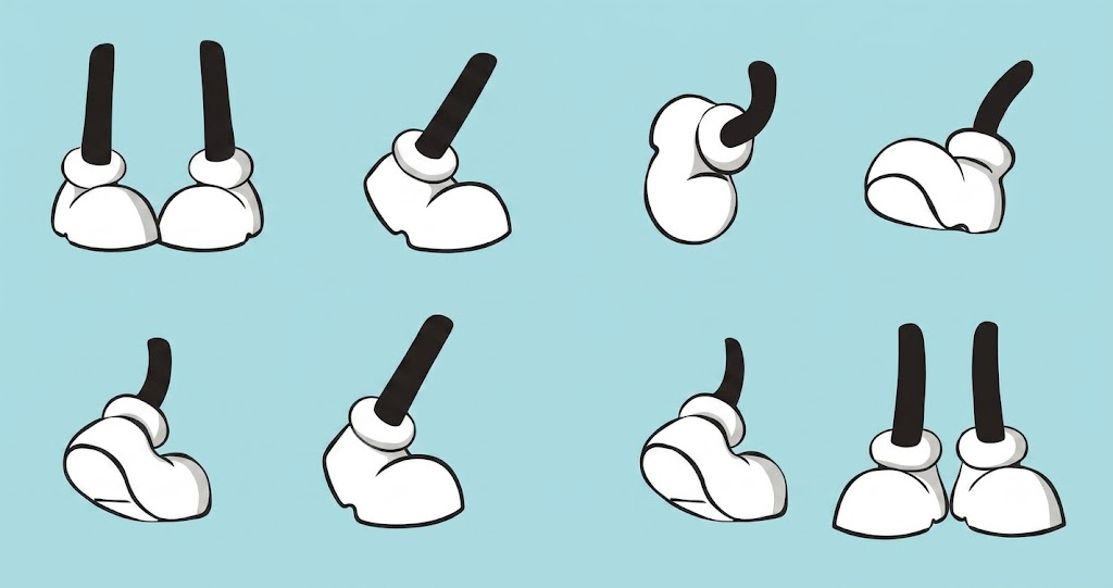 Cartoon illustration of legs and feet in various walking stances, representing pediatric foot mechanics in an article about the inappropriate use of AFOs and the Richie Brace for flat feet in children.