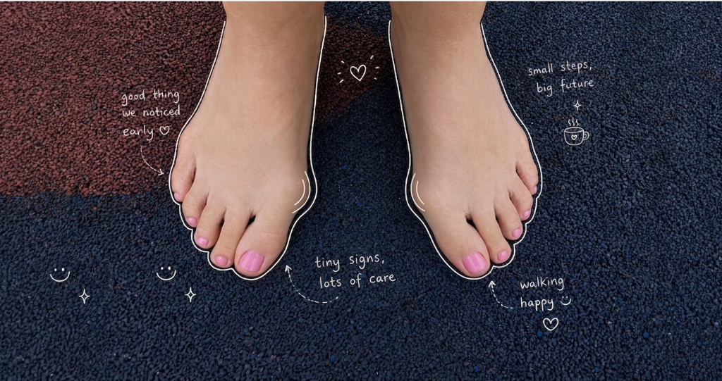 Top-down photo of a child’s feet showing early signs of juvenile bunions, with white hand-drawn outlines and notes highlighting early detection, careful monitoring, and healthy walking.