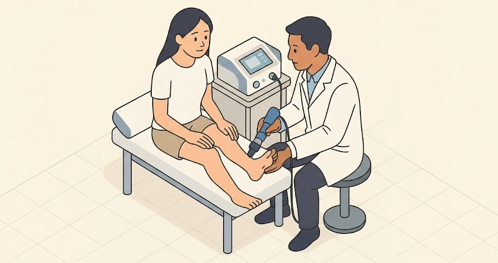 Graphic illustration of a podiatrist administering extracellular shockwave therapy (ESWT) to a patient's foot in a clinical setting, illustrating insurance coverage questions for shockwave therapy.