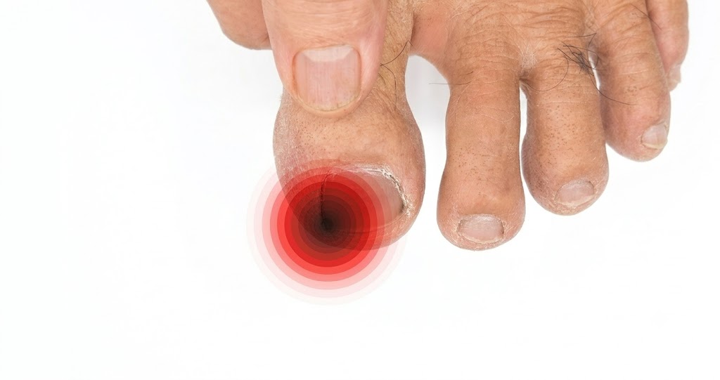 Close-up of a finger pointing to a big toe with a red graphic highlighting the infected nail fold, illustrating the pain of chronic paronychia and why your toe keeps getting infected.