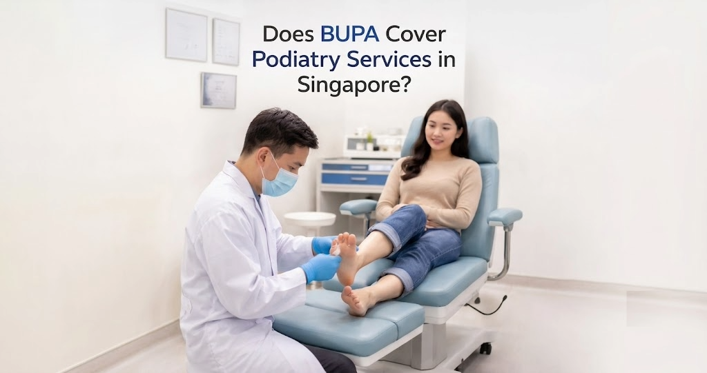 Male podiatrist wearing a face mask and gloves examining a female patient's foot in a modern podiatry clinic, with text asking 'Does BUPA Cover Podiatry Services in Singapore?