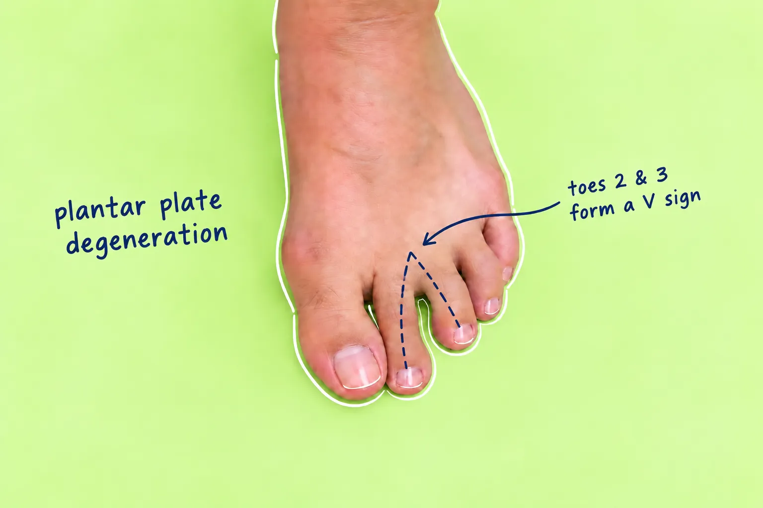 Top-down close-up of a bare foot on a pastel lime-green background, with navy annotations showing toes 2 and 3 forming a V sign, a feature associated with plantar plate degeneration.