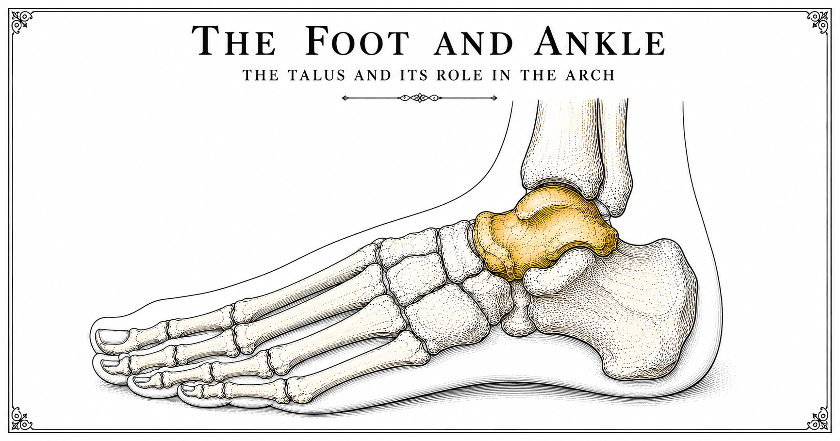 Illustration of the talus bone in the foot and ankle, showing how talar position can affect arch height in flexible flat feet.
