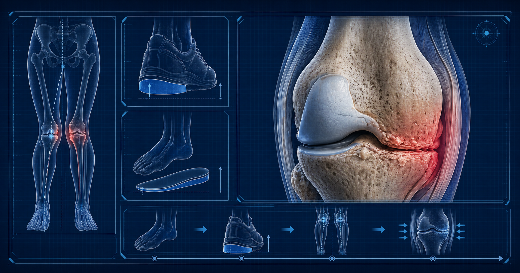 Futuristic biomechanical diagram demonstrating leg alignment, custom lateral orthotics, and knee joint pressure reduction for medial compartment osteoarthritis.
