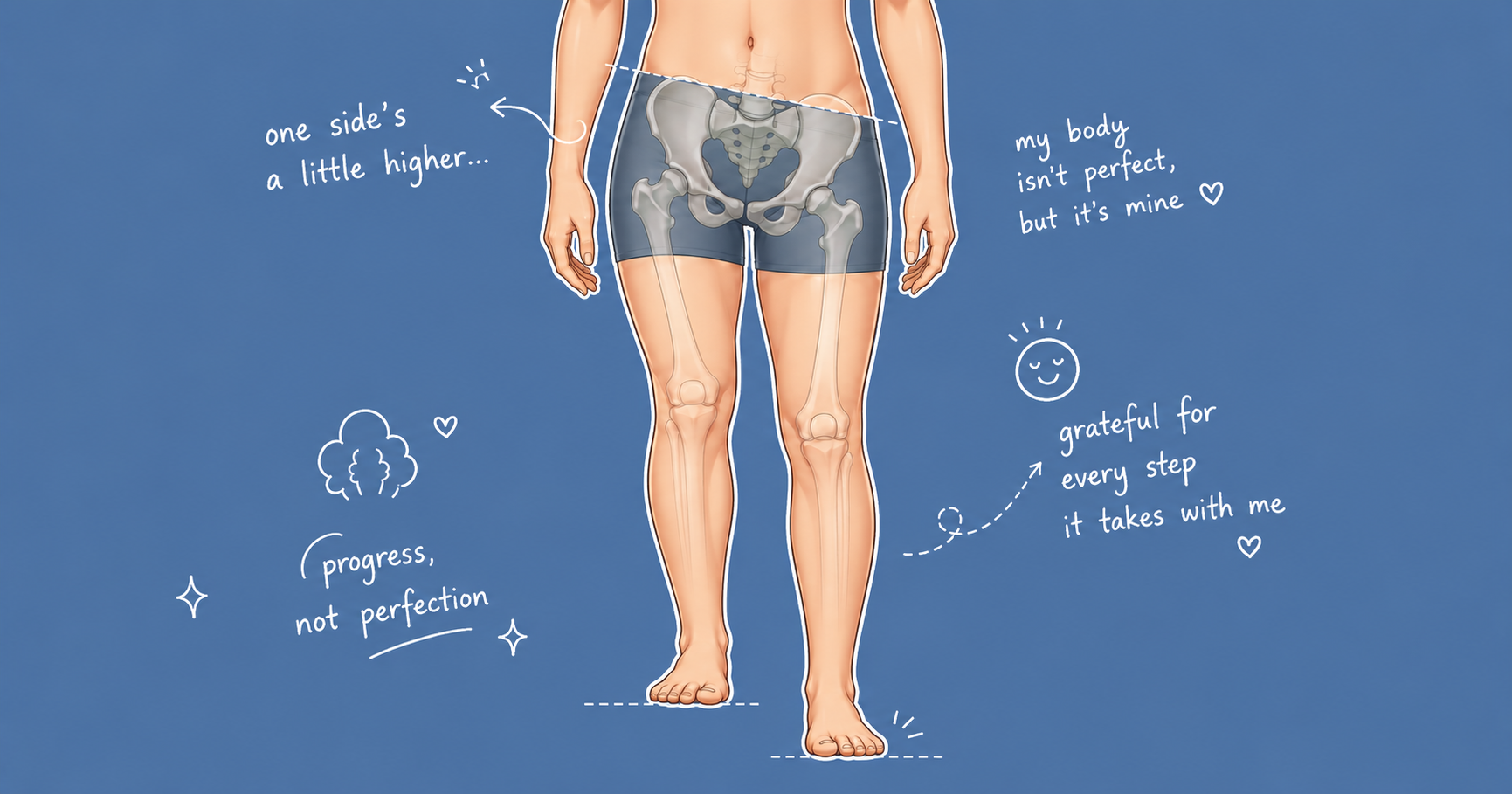 stylized medical illustration shows the lower torso, pelvis, and legs of a standing person. A semi-transparent skeleton overlay reveals the pelvis tilted to one side, suggesting a leg length discrepancy. The background is medical blue, with white hand-drawn arrows, dotted guide lines, small hearts, sparkles, and encouraging handwritten notes around the figure.