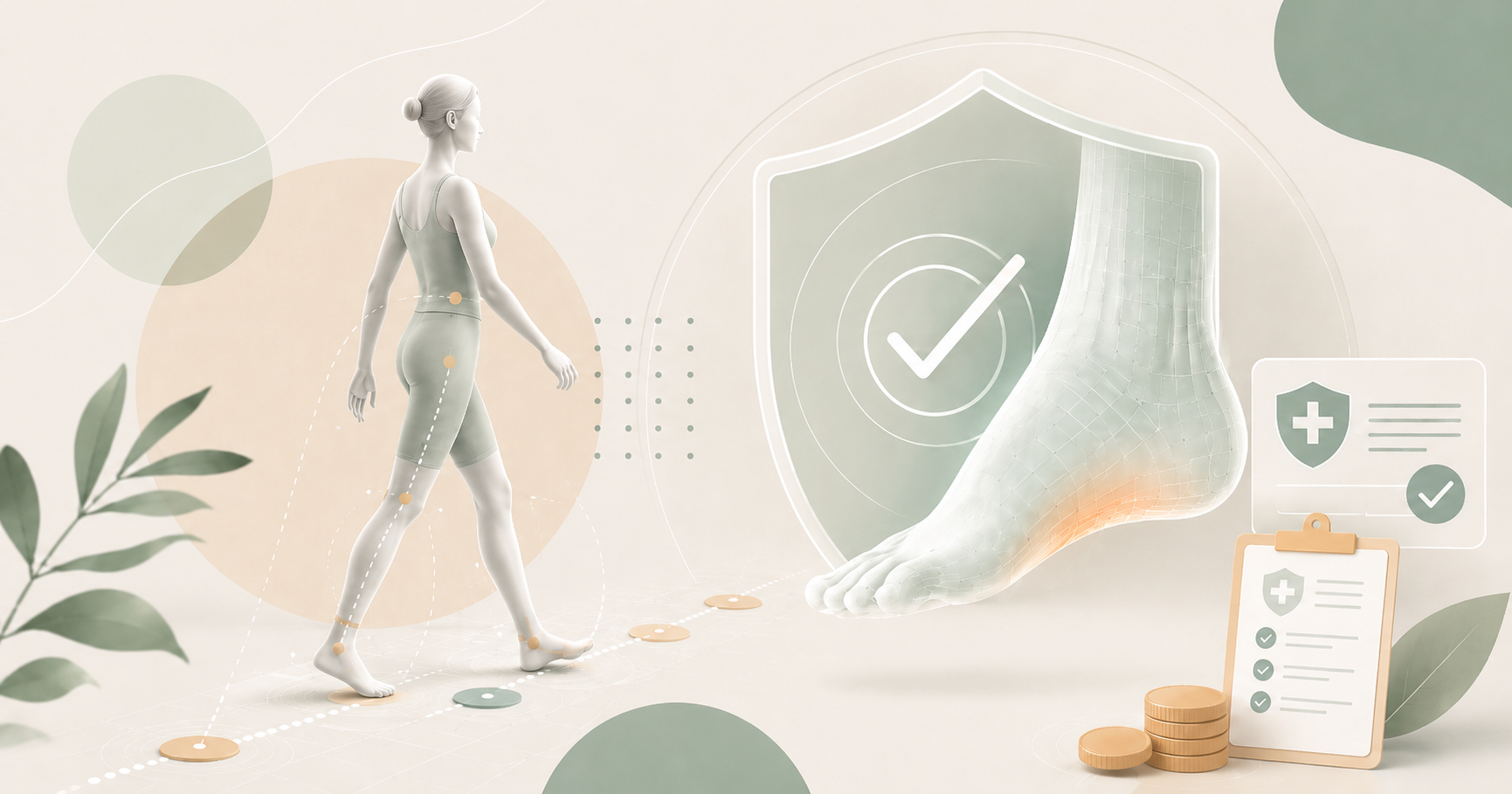 Abstract healthcare illustration showing a translucent person walking during gait analysis, with dotted motion lines and tracking points around the legs and feet. A large wireframe foot appears inside a protective shield with a check mark, alongside abstract insurance documents, medical icons, and stacked coins. The image uses a soft cream, sage green, and warm beige colour palette to represent podiatry care, insurance coverage, and treatment approval.