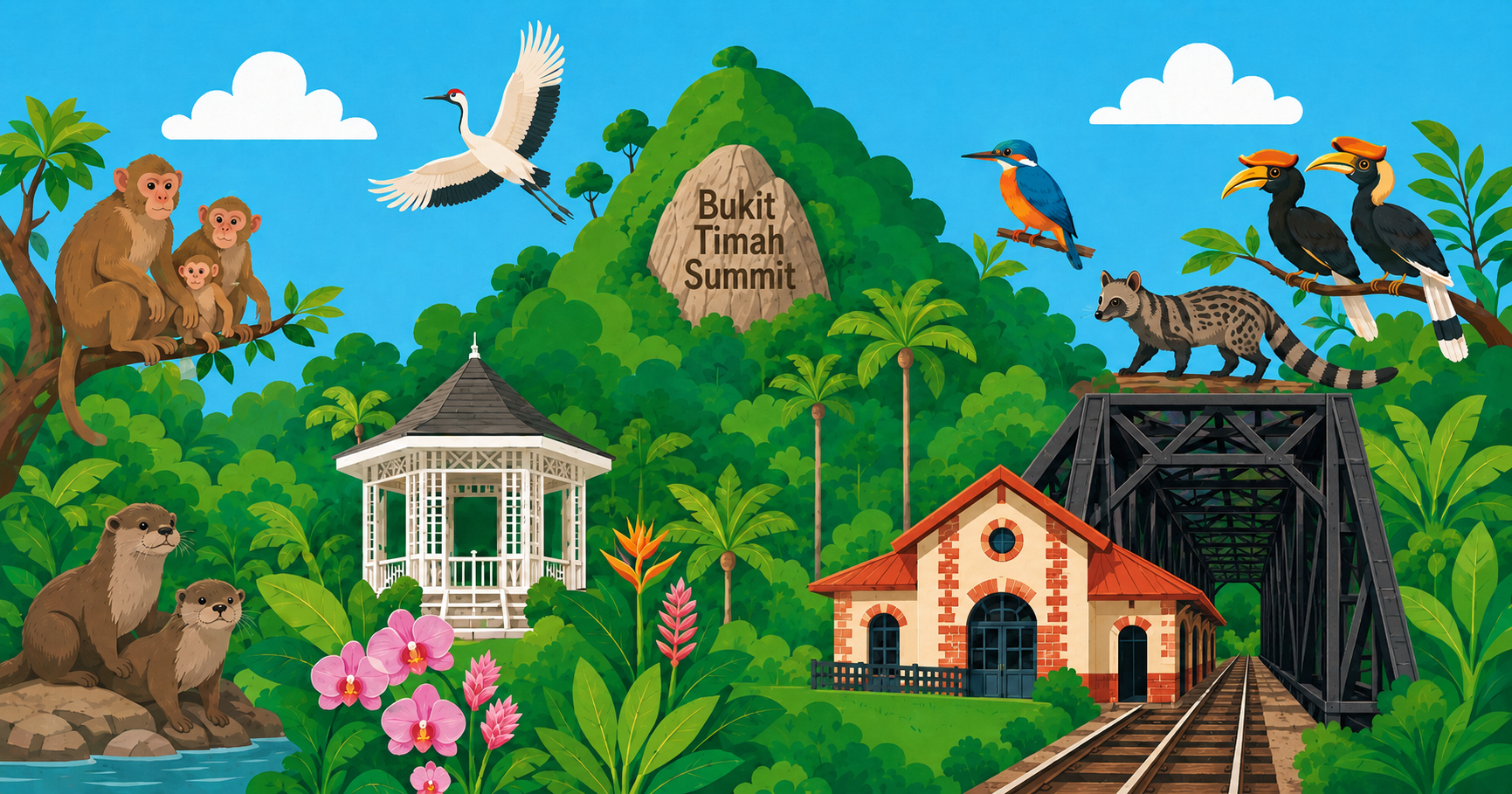 Wide 2D illustrated banner of Bukit Timah, Singapore, showing a lush tropical landscape with a central green hill and a rock face labelled “Bukit Timah Summit.” The image includes several Bukit Timah and nearby nature landmarks: the forested Bukit Timah Nature Reserve hill, a white Singapore Botanic Gardens-style bandstand surrounded by orchids and tropical plants, the old Bukit Timah Railway Station building with red roof and brick details, railway tracks, and a large black truss bridge representing the Bukit Timah section of the Rail Corridor. Iconic wildlife is arranged around the scene, including a family of monkeys sitting on a tree branch, two otters resting beside water, a civet cat walking above the railway bridge, a flying crane, a blue-and-orange kingfisher perched on a branch, and two hornbills with large yellow beaks. The scene has a bright blue sky, white clouds, dense green rainforest foliage, palm trees, pink orchids, and a cheerful travel-poster style.