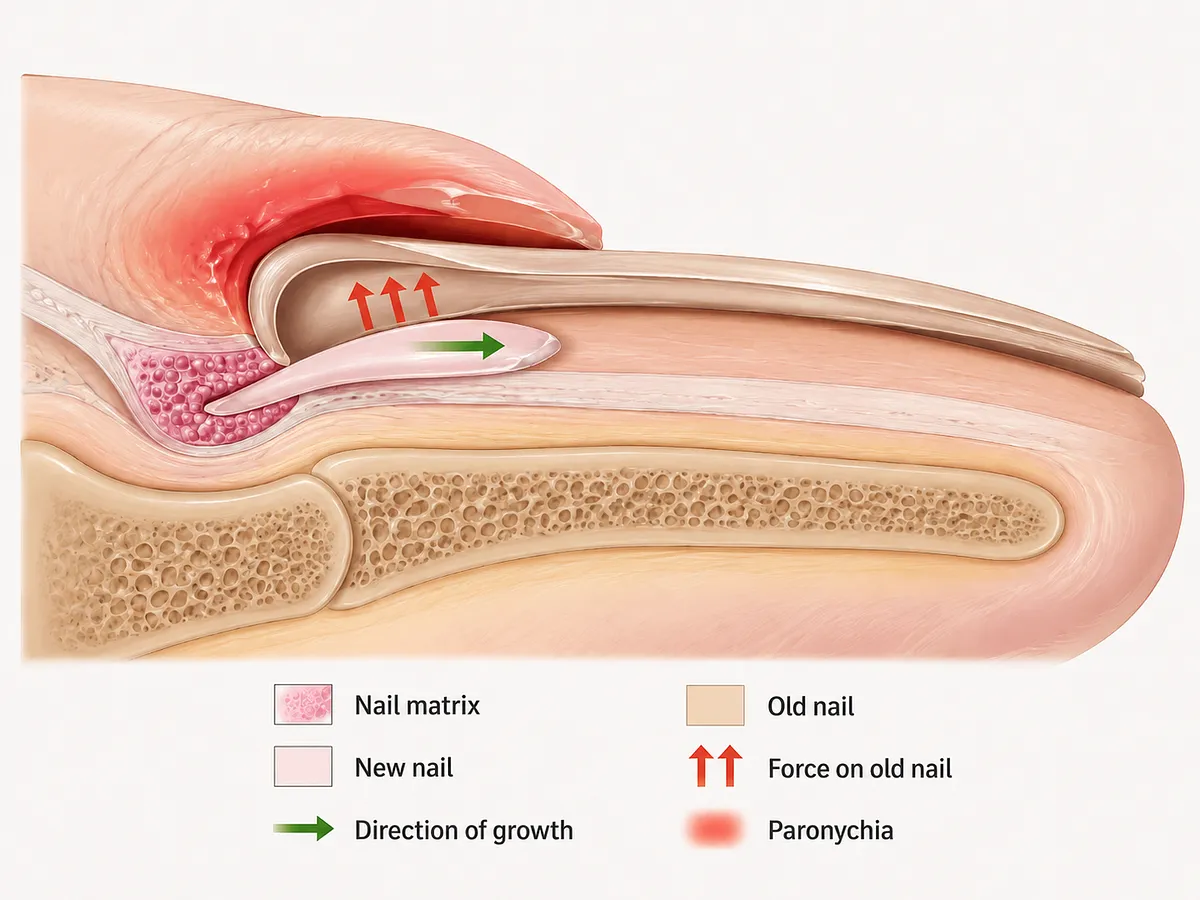 Anatomical illustration of retronychia showing a new nail growing and pushing an old nail upward, causing paronychia inflammation at the proximal nail fold