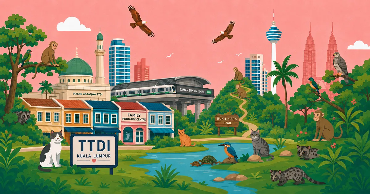 Illustrated panorama of Taman Tun Dr Ismail, Kuala Lumpur, featuring the TTDI MRT station, colourful shophouses, Bukit Kiara trail, a nearby mosque, city landmarks and local wildlife including long-tailed macaques, cats, civet cats, a kingfisher, terrapin, Brahminy kites, a crested goshawk and a lineated barbet. AI generated image to describe the neighbourhood where the Family Podiatry Centre have been practicing podiatry since 2005.