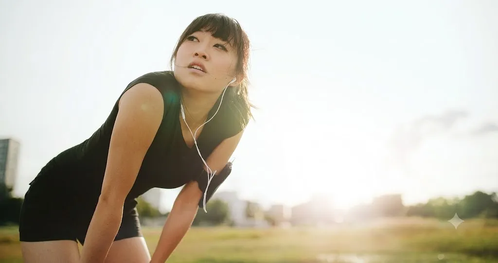 A tired female runner resting outdoors with her hands on her knees, illustrating the fatigue and physical strain that can lead to running injuries.