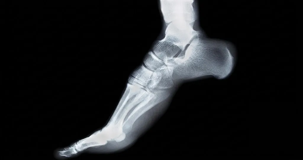 Side view X-ray of a human foot illustrating the detailed bone structure and anatomy.