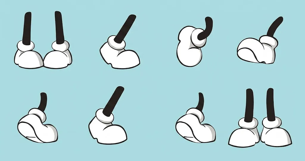 Cartoon illustration of legs and feet in various walking stances, representing pediatric foot mechanics in an article about the inappropriate use of AFOs and the Richie Brace for flat feet in children.