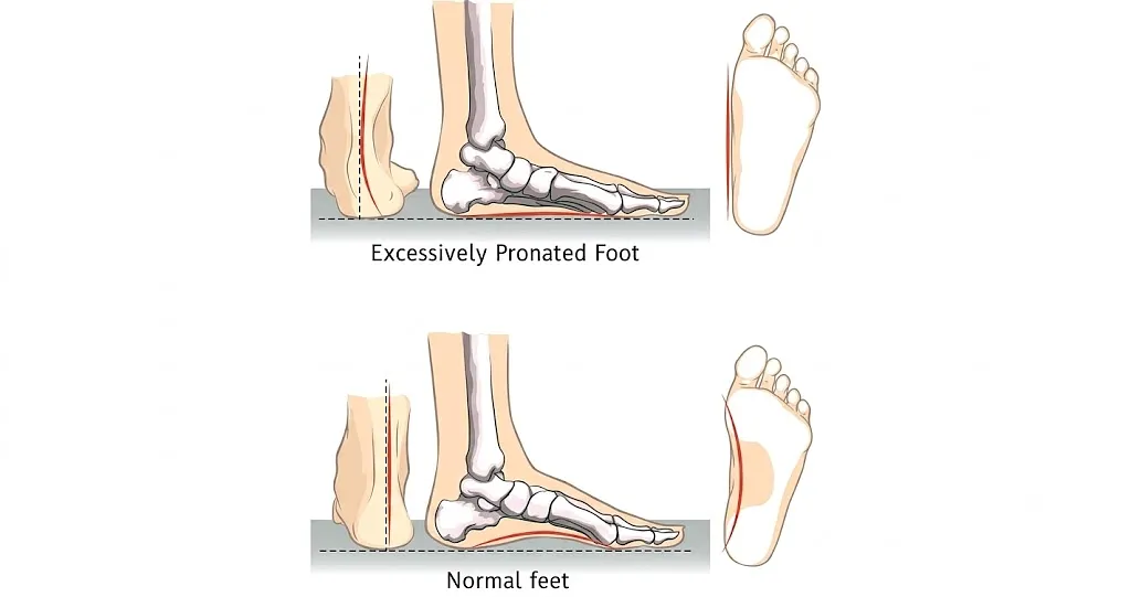 Anatomical diagram comparing an excessively pronated foot to a normal foot, illustrating arch collapse, heel alignment, and footprint shape to highlight signs of overpronation or supination in your feet.