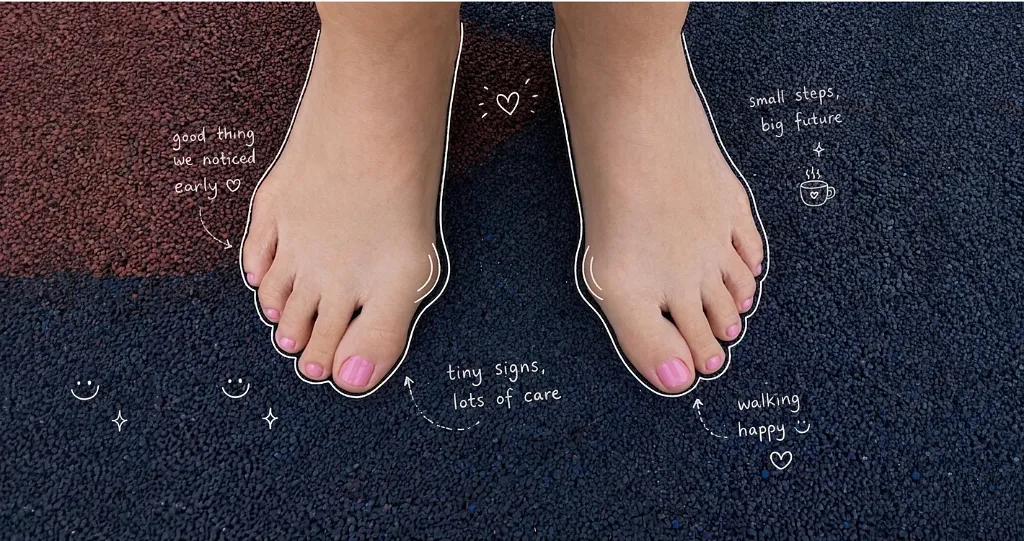 Top-down photo of a child’s feet showing early signs of juvenile bunions, with white hand-drawn outlines and notes highlighting early detection, careful monitoring, and healthy walking.