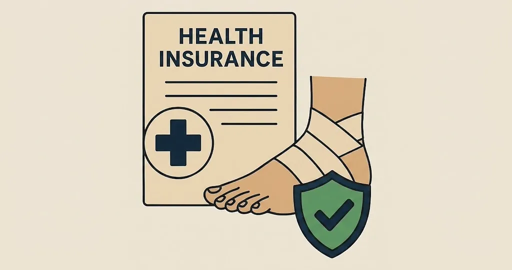 Graphic illustration of a health insurance policy document next to a foot wrapped in medical tape with a green shield, representing Cigna Healthcare coverage for strapping and taping treatments in Singapore.
