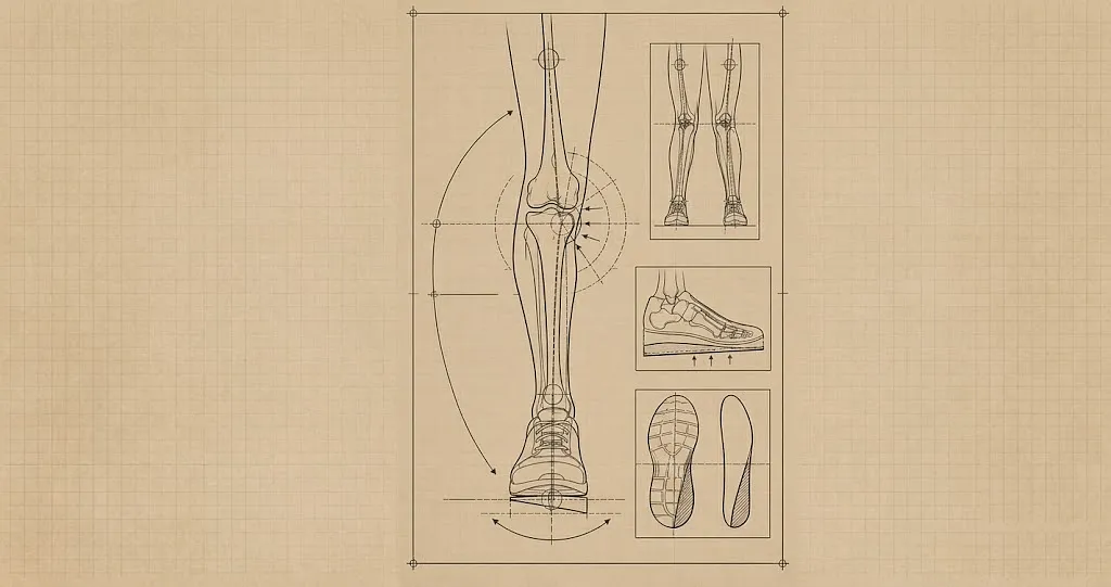 Technical blueprint illustration showing leg alignment, inner knee osteoarthritis pressure points, and corrective lateral wedge orthotics for bow-legged alignment.