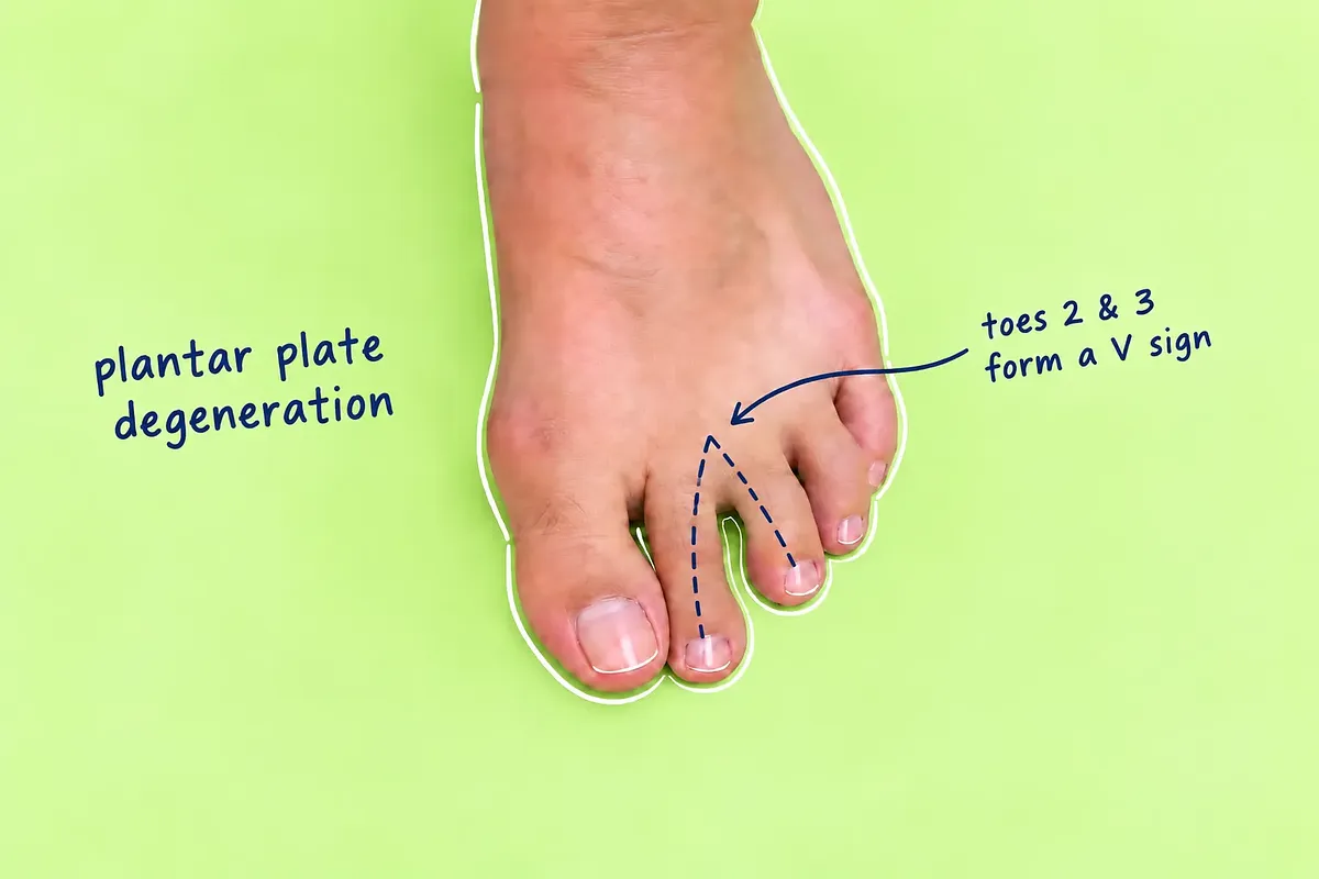 Top-down close-up of a bare foot on a pastel lime-green background, with navy annotations showing toes 2 and 3 forming a V sign, a feature associated with plantar plate degeneration.