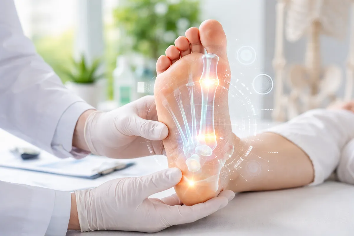 Podiatrist wearing white surgical gloves examining a patient's foot with a digital 3D anatomical X-ray graphic showing pressure points at the heel and metatarsal joints.