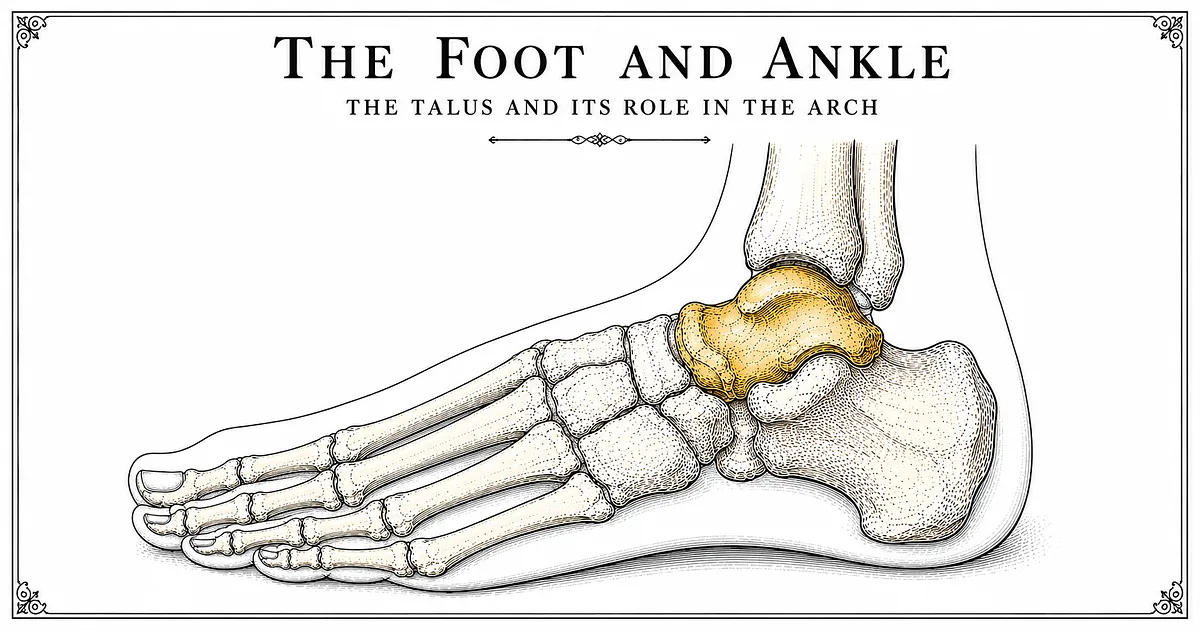 Illustration of the talus bone in the foot and ankle, showing how talar position can affect arch height in flexible flat feet.