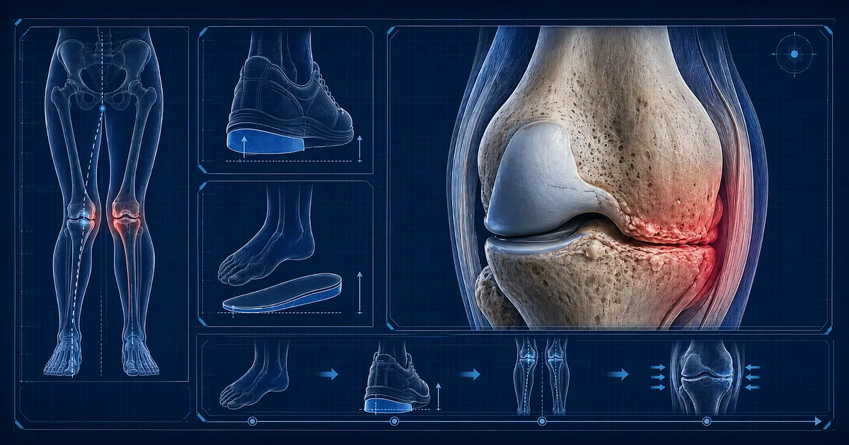 Futuristic biomechanical diagram demonstrating leg alignment, custom lateral orthotics, and knee joint pressure reduction for medial compartment osteoarthritis.