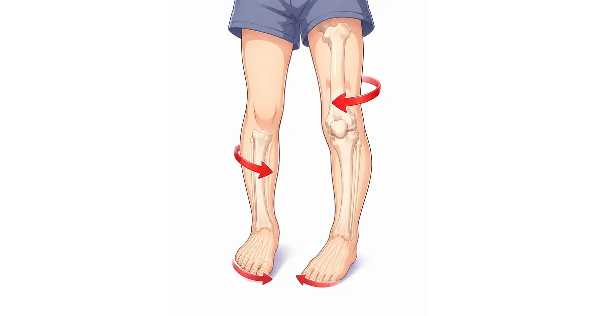 Medical illustration of a child’s legs showing intoeing or pigeon-toed walking, with skeletal overlays and red arrows indicating inward rotation of the thighs, lower legs, and feet.