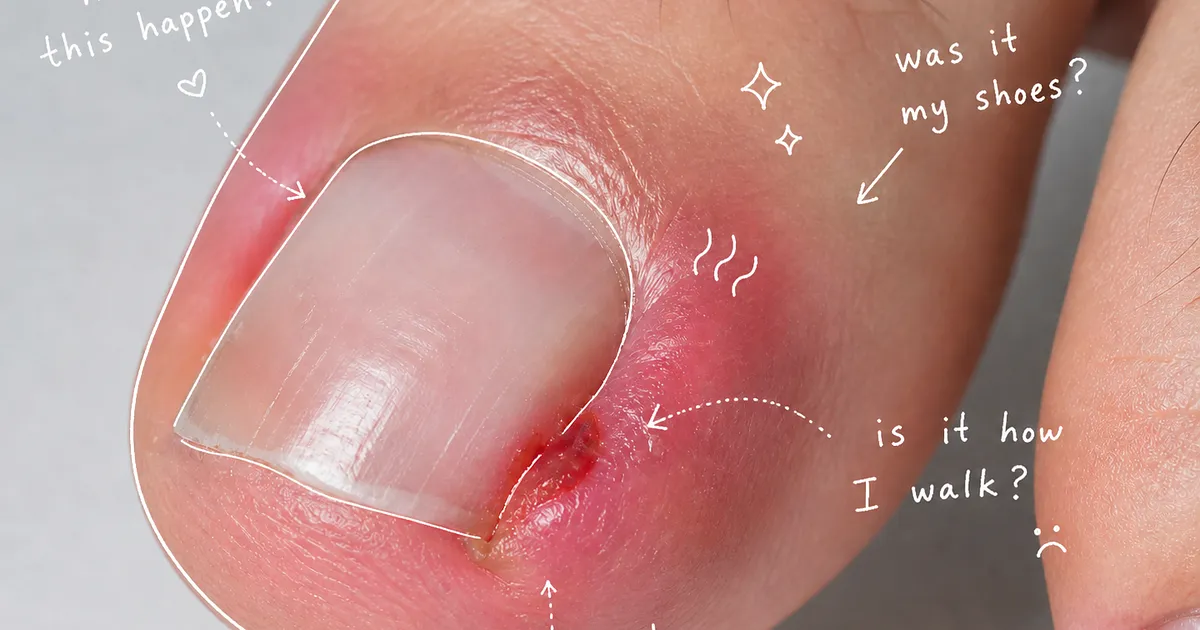 Close-up of a big toe with an inflamed ingrown toenail, surrounded by white hand-drawn annotations asking whether shoes, walking pattern, or genetics may have contributed.