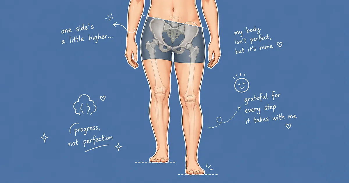 stylized medical illustration shows the lower torso, pelvis, and legs of a standing person. A semi-transparent skeleton overlay reveals the pelvis tilted to one side, suggesting a leg length discrepancy. The background is medical blue, with white hand-drawn arrows, dotted guide lines, small hearts, sparkles, and encouraging handwritten notes around the figure.