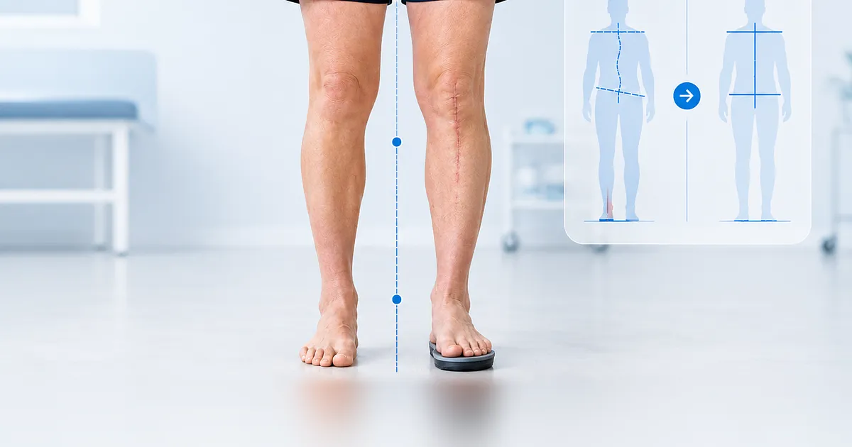 A clinical medical image shows the lower body of an adult standing barefoot in a bright clinic setting. One knee has a visible post-surgical scar, and one foot is raised on a small heel lift or orthotic support to demonstrate treatment for leg length difference after hip or knee surgery. Blue alignment lines and a small body-position diagram illustrate pelvic tilt, posture imbalance, and correction.