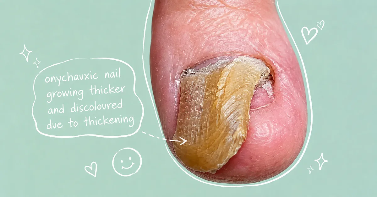 Close-up medical image of a big toe with a thickened, yellow-brown, discoloured onychauxic toenail. White hand-drawn annotations, arrows, sparkles, hearts, and a smiley face highlight the nail changes, with handwritten text reading: “onychauxic nail growing thicker and discoloured due to thickening.” The background is a soft medical green.