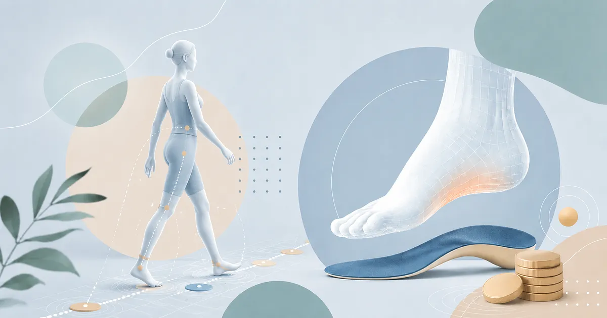 Abstract medical illustration showing a translucent human figure walking across a digital gait analysis platform, with motion tracking points and dotted movement lines. A large wireframe foot hovers above a blue orthotic insole, while soft coin-like shapes represent podiatry cost. The image uses calm blue, cream, and green tones with a clean modern healthcare style.